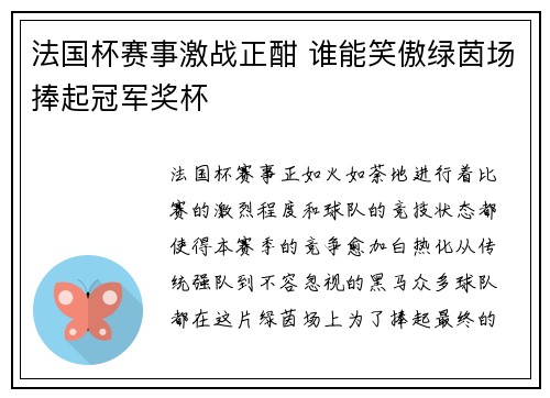 法国杯赛事激战正酣 谁能笑傲绿茵场捧起冠军奖杯