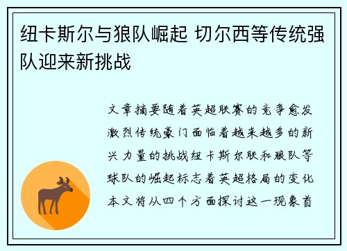 纽卡斯尔与狼队崛起 切尔西等传统强队迎来新挑战